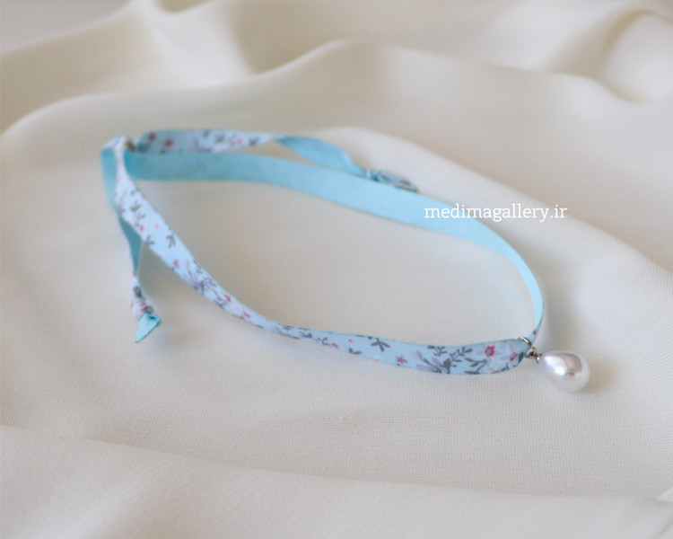 چوکر پارچهای گلدار Blue Blossom با آویز مروارید | گردنبند Cottagecore پینترستی