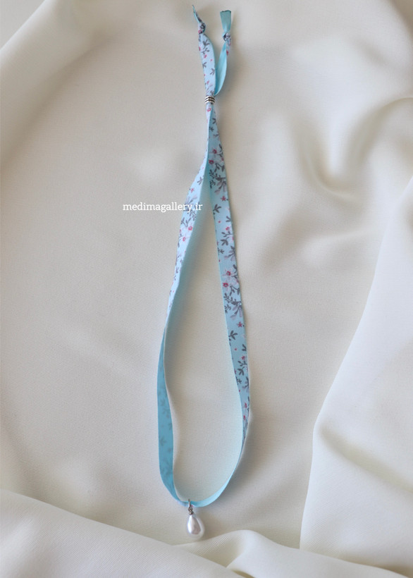 چوکر پارچهای گلدار Blue Blossom با آویز مروارید | گردنبند Cottagecore پینترستی